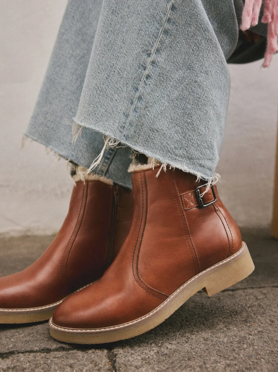 Tan Brown Leather Forever Comfort® Faux Fur Lined Buckle Trim Ankle Boots