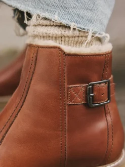 Tan Brown Leather Forever Comfort® Faux Fur Lined Buckle Trim Ankle Boots