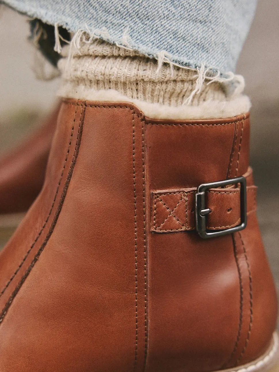 Tan Brown Leather Forever Comfort® Faux Fur Lined Buckle Trim Ankle Boots
