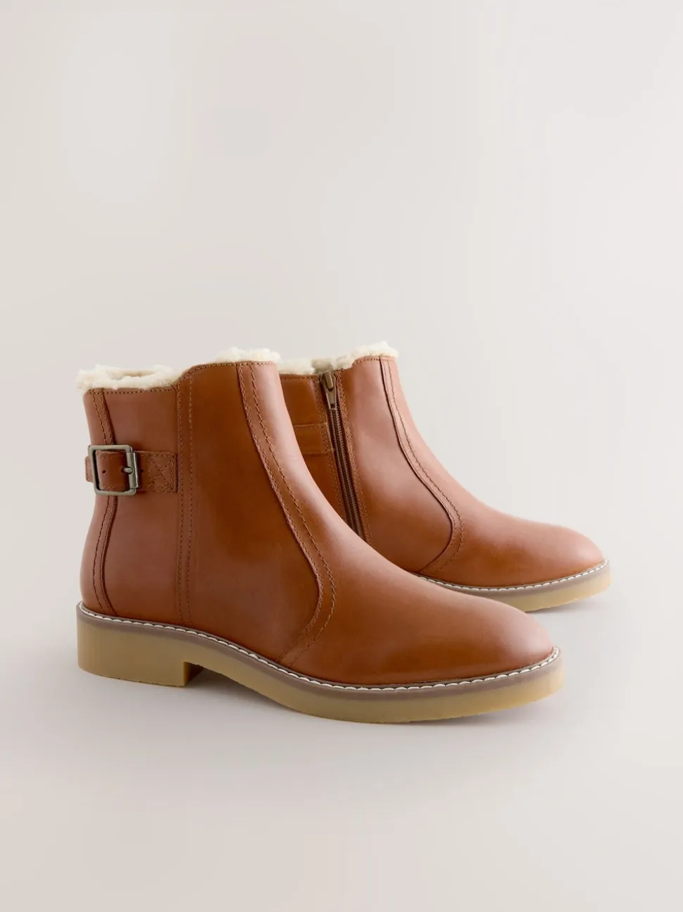 Tan Brown Leather Forever Comfort® Faux Fur Lined Buckle Trim Ankle Boots