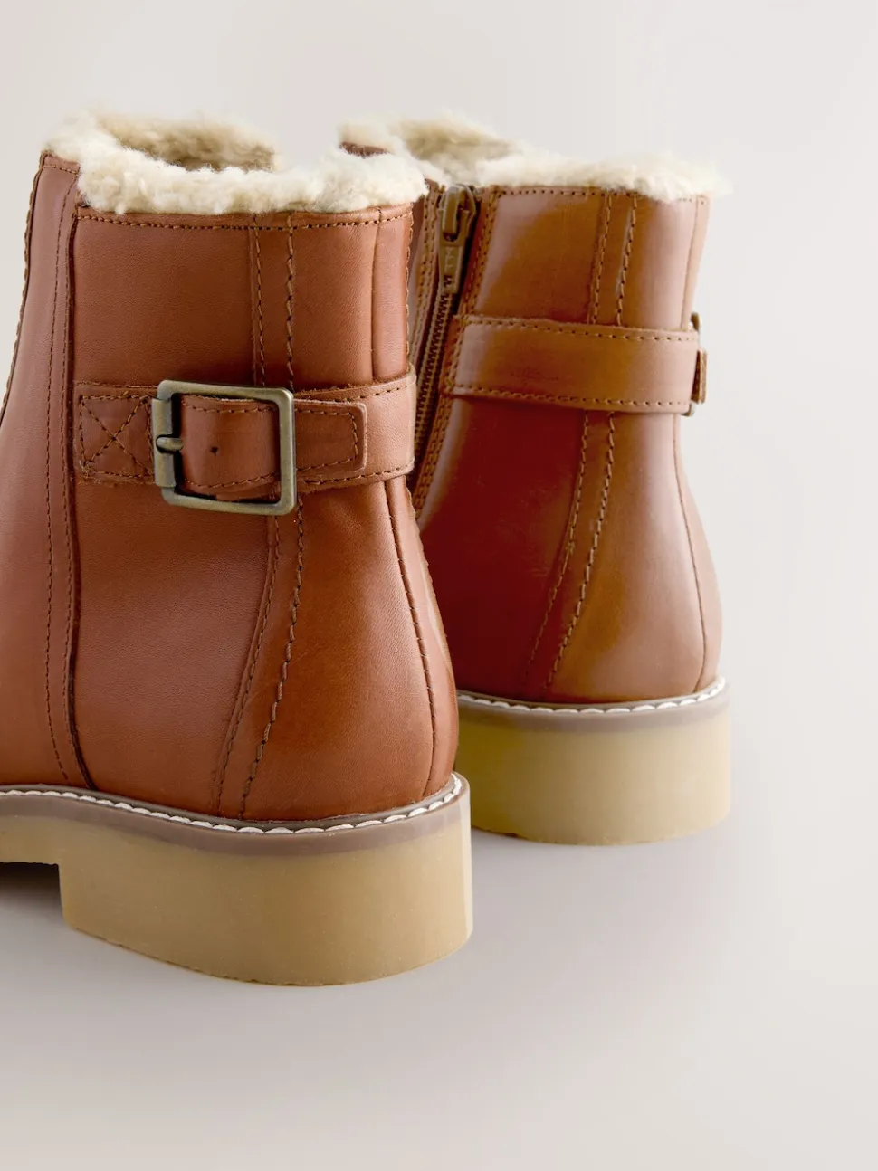 Tan Brown Leather Forever Comfort® Faux Fur Lined Buckle Trim Ankle Boots