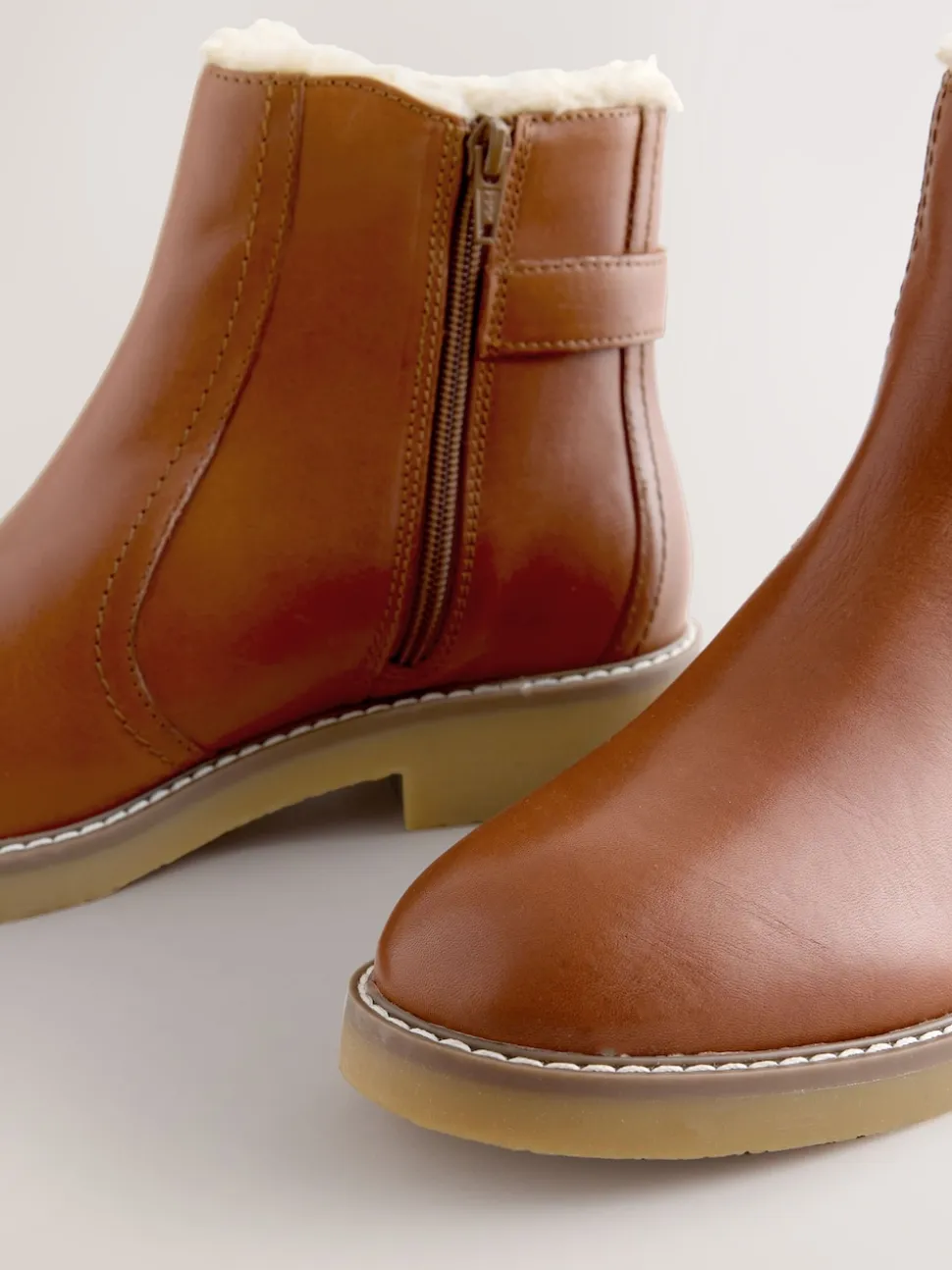 Tan Brown Leather Forever Comfort® Faux Fur Lined Buckle Trim Ankle Boots