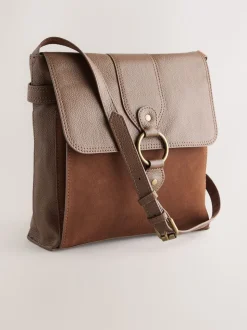 Tan Brown Leather Pocket Messenger Bag