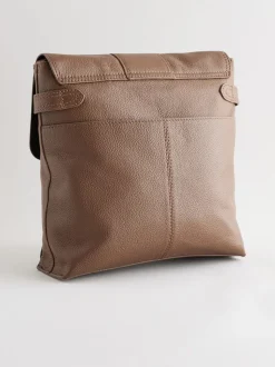 Tan Brown Leather Pocket Messenger Bag