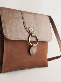 Tan Brown Leather Pocket Messenger Bag