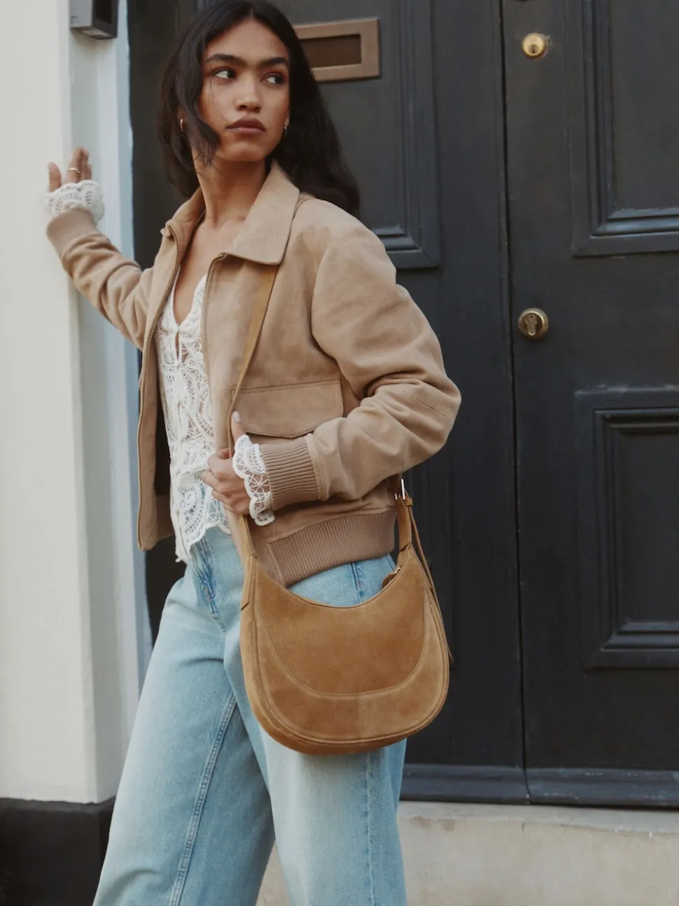 Tan Brown Leather Scoop Cross Body Bag