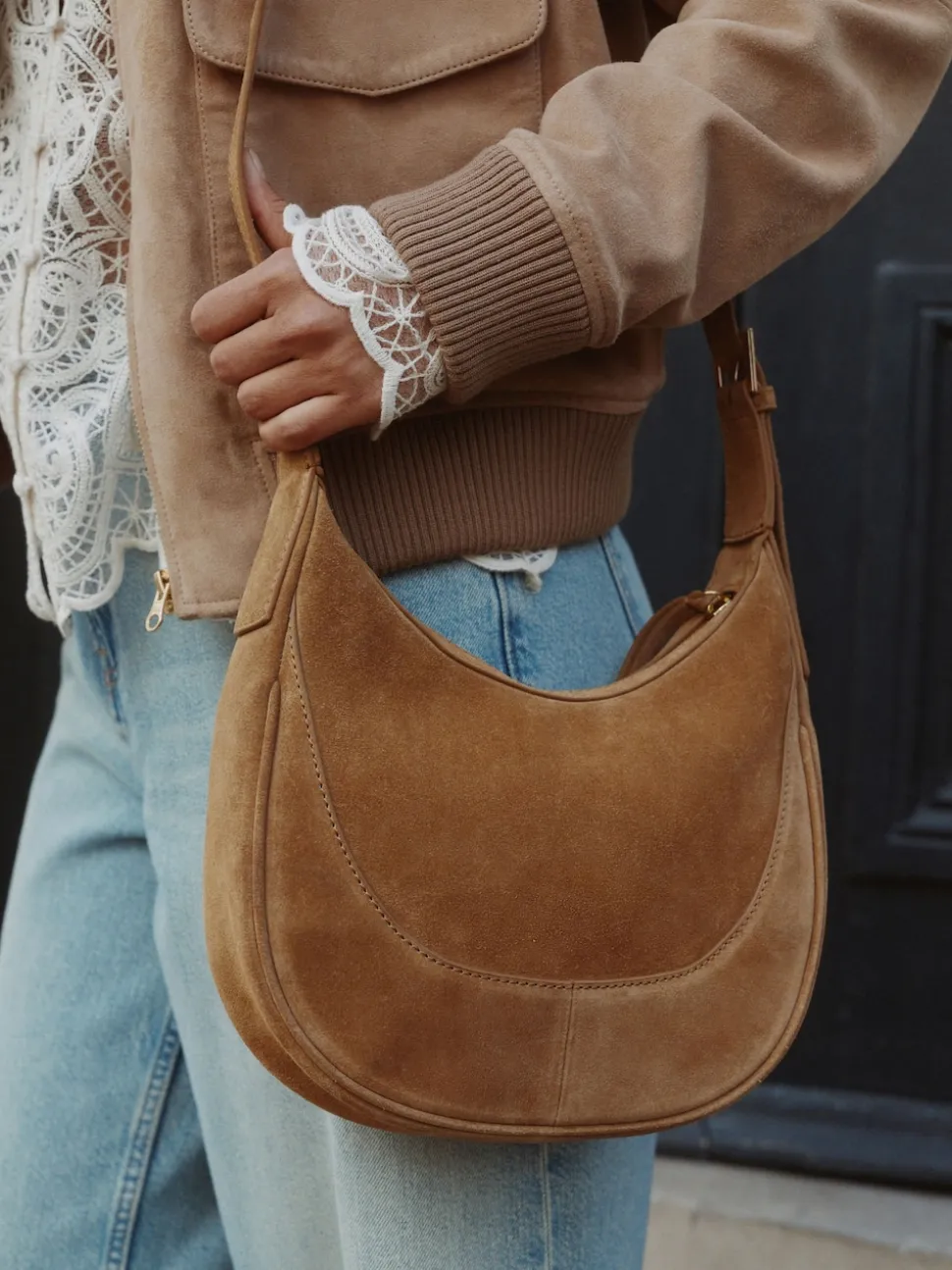 Tan Brown Leather Scoop Cross Body Bag