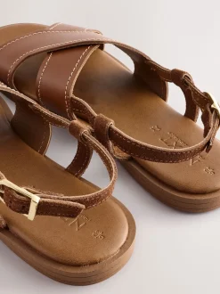 Tan Brown Leather Standard/Wide Fit Stitched Slingback Sandals