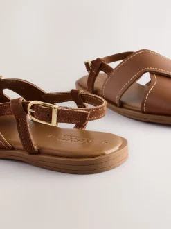 Tan Brown Leather Standard/Wide Fit Stitched Slingback Sandals