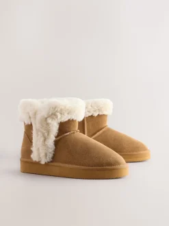 Tan Brown Suede Faux Fur Boot Slippers
