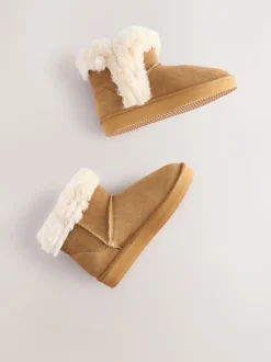Tan Brown Suede Faux Fur Boot Slippers