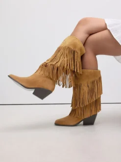 Tan Brown Suede Forever Comfort® Fringed Knee High Cowboy Boots