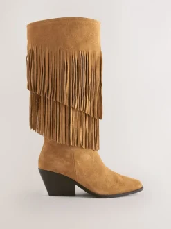 Tan Brown Suede Forever Comfort® Fringed Knee High Cowboy Boots