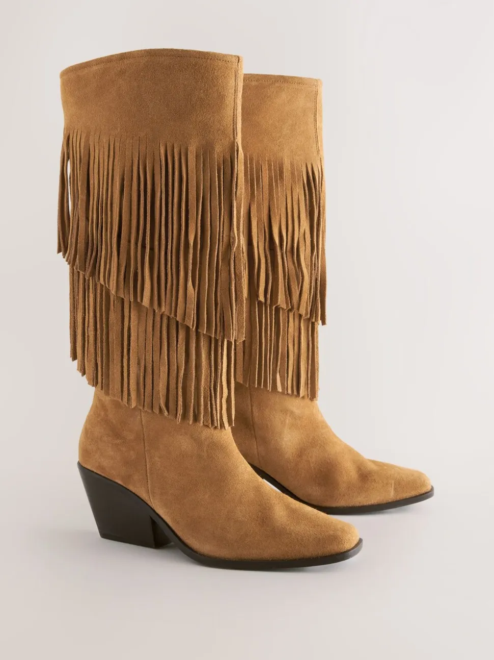 Tan Brown Suede Forever Comfort® Fringed Knee High Cowboy Boots