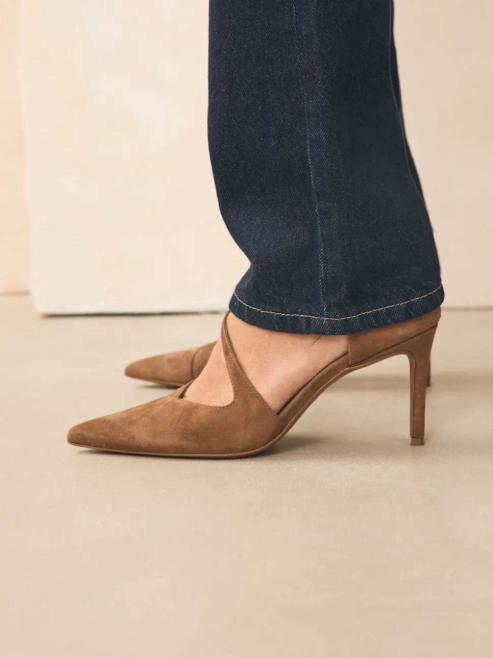 Tan Brown Suede Premium Leather Asymmetric Court Heels