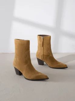 Tan Brown Suede Signature Premium Leather Point Toe Block Heel Western Boots