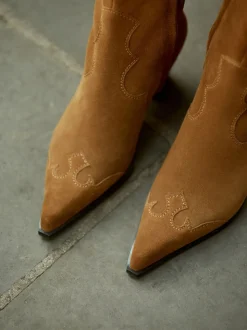Tan Brown Suede Signature Premium Leather Point Toe Block Heel Western Boots