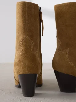 Tan Brown Suede Signature Premium Leather Point Toe Block Heel Western Boots