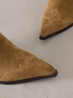 Tan Brown Suede Signature Premium Leather Point Toe Block Heel Western Boots