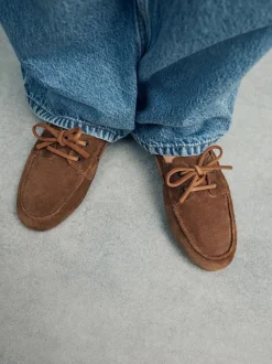 Tan Brown Suede Standard Fit Leather Round Toe Boat Shoes