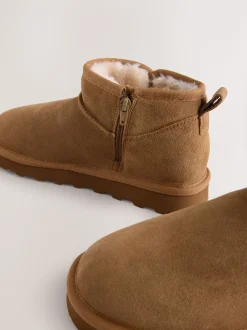 Tan Brown Suede Standard/Wide Fit Water Repellent Faux Fur Ankle Boots