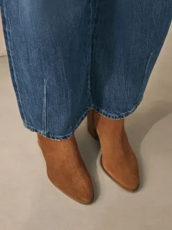 Tan Brown Suede Western Block Heel Ankle Boots