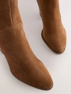 Tan Brown Suede Western Block Heel Ankle Boots