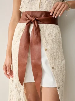 Tan Knot Detail Wide Leather Belt