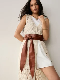 Tan Knot Detail Wide Leather Belt