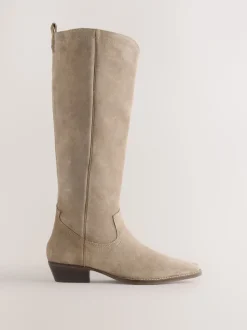 Taupe Brown Suede Leather Mix Forever Comfort® Knee High Contrast Western Boots