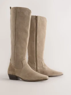 Taupe Brown Suede Leather Mix Forever Comfort® Knee High Contrast Western Boots