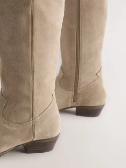 Taupe Brown Suede Leather Mix Forever Comfort® Knee High Contrast Western Boots