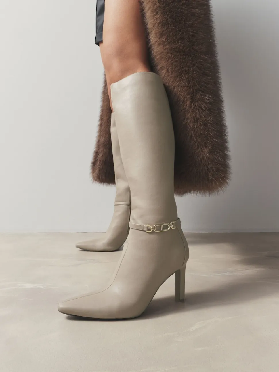Taupe Forever Comfort® Knee High Hardware Trim Heeled Boots