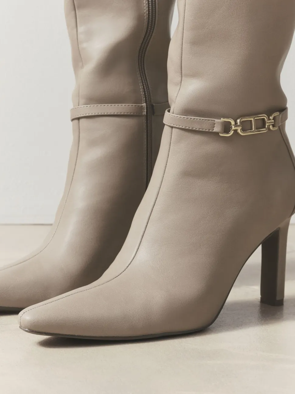 Taupe Forever Comfort® Knee High Hardware Trim Heeled Boots