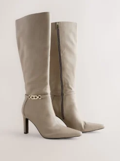 Taupe Forever Comfort® Knee High Hardware Trim Heeled Boots