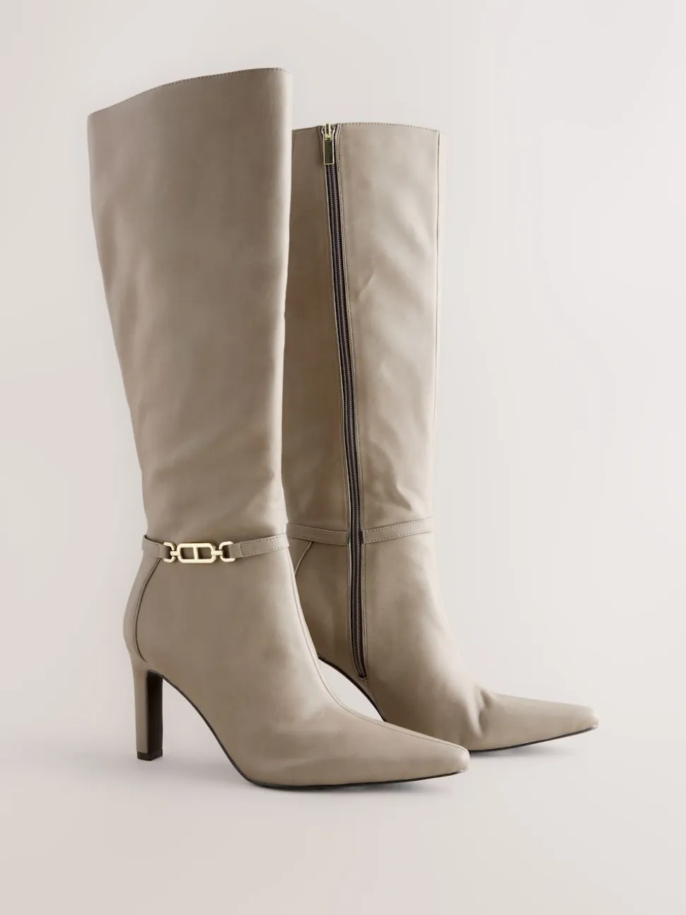 Taupe Forever Comfort® Knee High Hardware Trim Heeled Boots