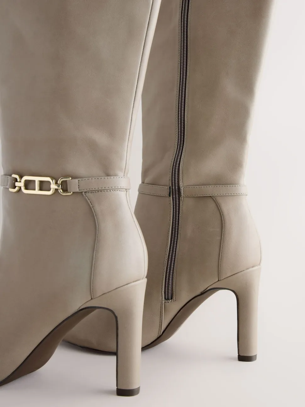 Taupe Forever Comfort® Knee High Hardware Trim Heeled Boots