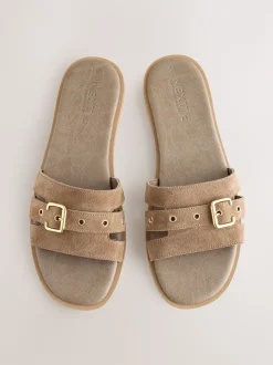 Taupe Neutral Suede Buckle Mule Sandals