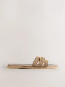 Taupe Neutral Suede Buckle Mule Sandals