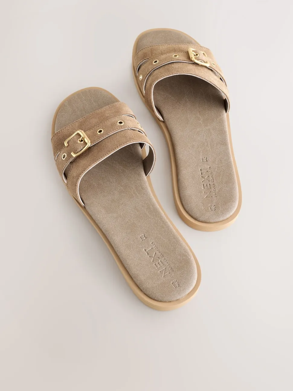 Taupe Neutral Suede Buckle Mule Sandals