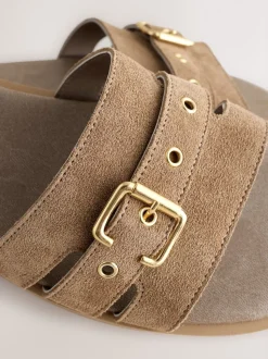 Taupe Neutral Suede Buckle Mule Sandals