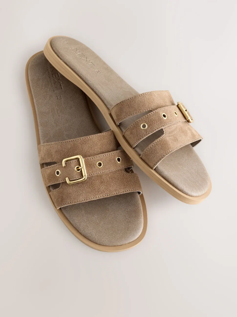 Taupe Neutral Suede Buckle Mule Sandals