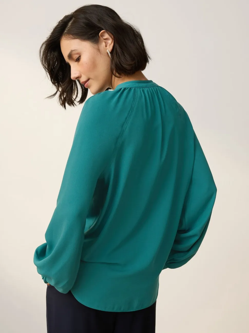 Teal Blue Long Sleeve V-Neck Blouse