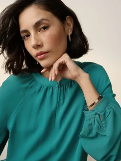 Teal Blue Long Sleeve V-Neck Blouse