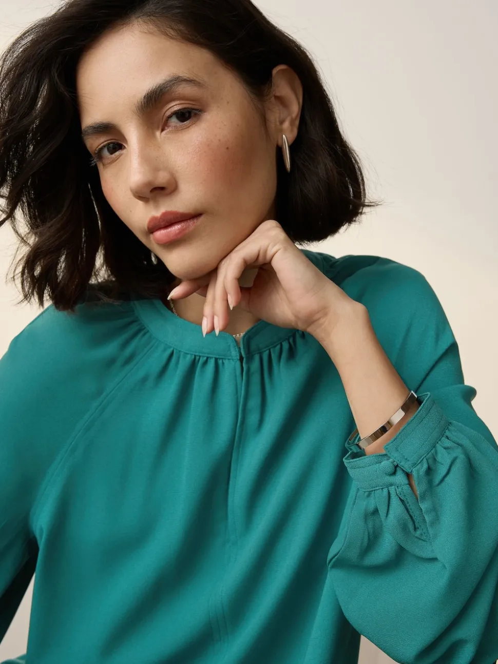 Teal Blue Long Sleeve V-Neck Blouse