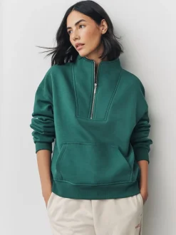 Teal Blue Relaxed Fit Heavyweight Cotton Rich Jersey Zip Neck Sweatshirt