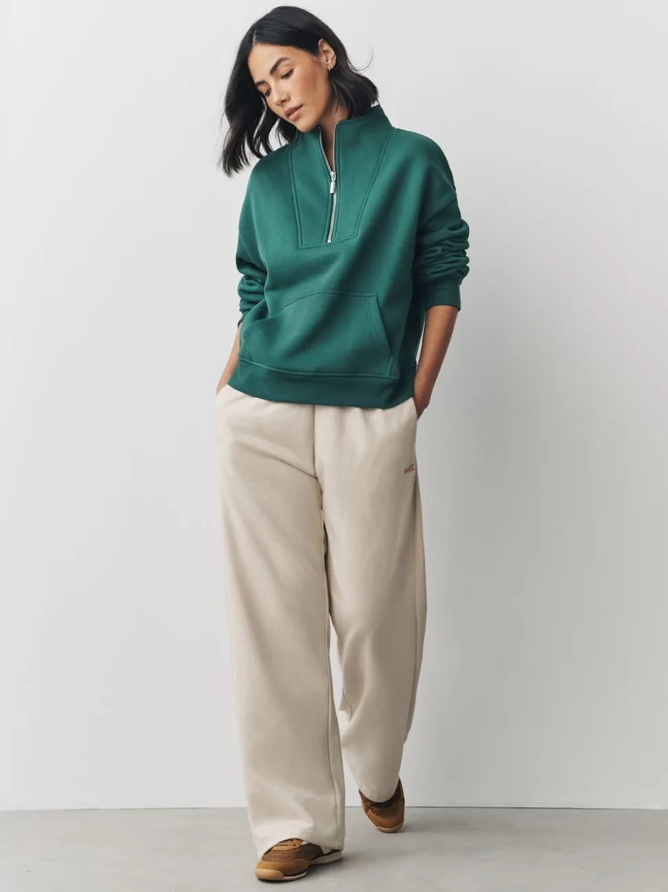Teal Blue Relaxed Fit Heavyweight Cotton Rich Jersey Zip Neck Sweatshirt