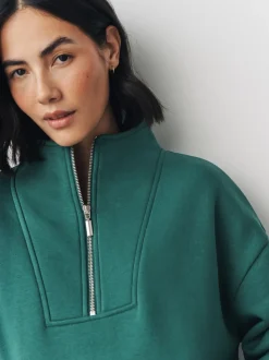 Teal Blue Relaxed Fit Heavyweight Cotton Rich Jersey Zip Neck Sweatshirt
