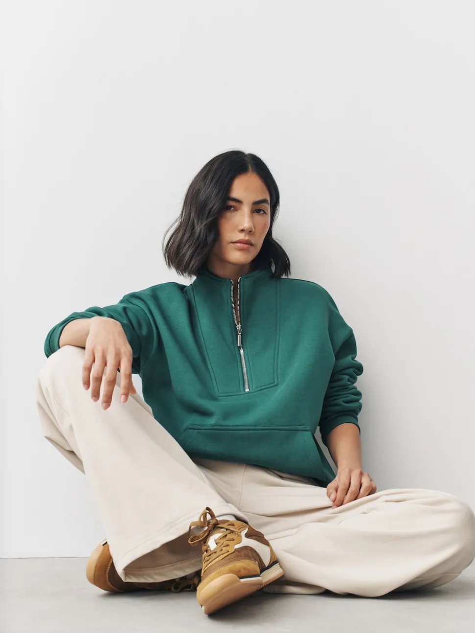 Teal Blue Relaxed Fit Heavyweight Cotton Rich Jersey Zip Neck Sweatshirt