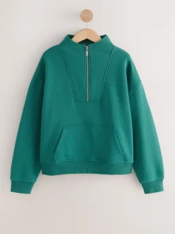 Teal Blue Relaxed Fit Heavyweight Cotton Rich Jersey Zip Neck Sweatshirt